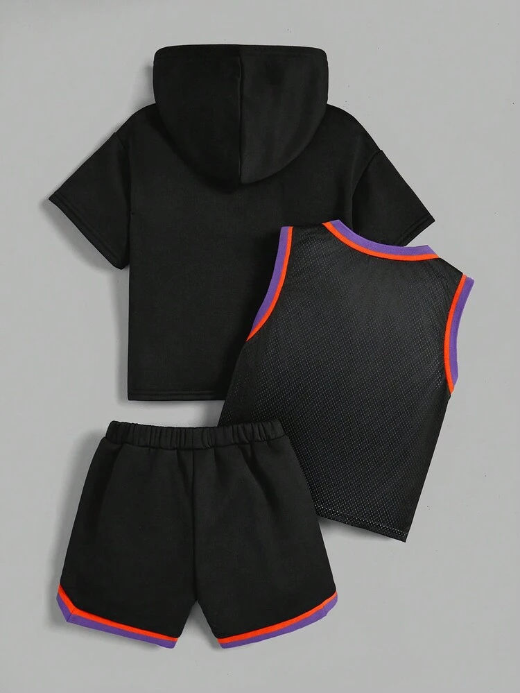 Young Boy Basketball & Letter Contrast Trim Sports Mesh Tank Top & Shorts With Solid Hooded Tee