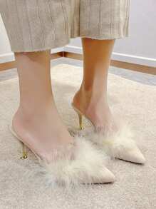 Zuecos de tacón alto para mujer, sandalias de tacón puntiagudo esponjosas y dulces de slip-on para vestidos blancos de otoño e invierno