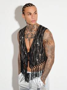 Manfinity RebelGame Men's Glitter Beaded Fringe Hem Tie Front Black Vest For Summer, Plain Leather Fashion Party  Vest - Black - View 6
