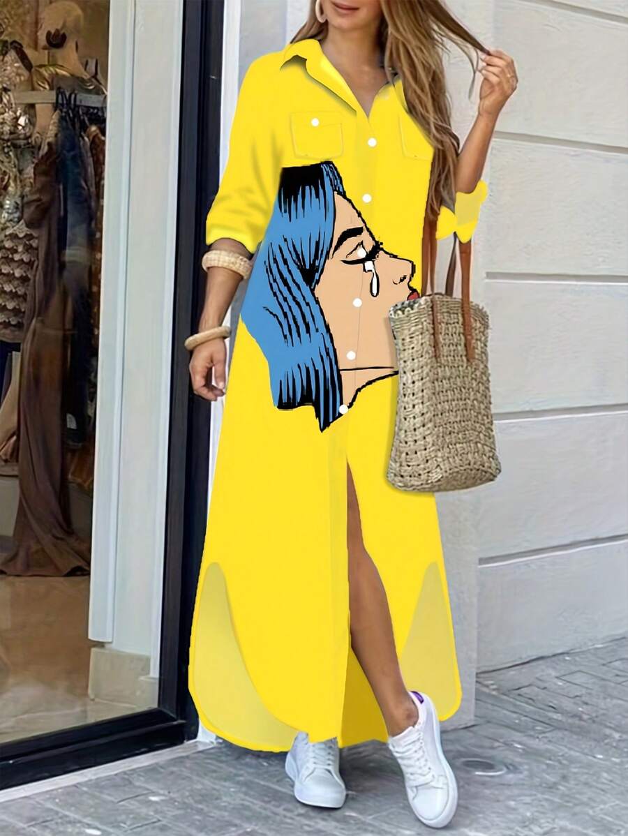 宽松休闲长袖印花衬衫领连衣裙