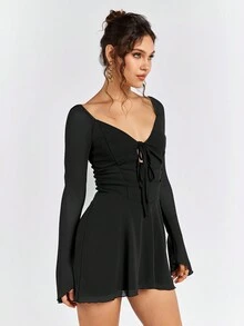 PARTHEA Cut Out Lace Up Mesh Dress - Black - View 4