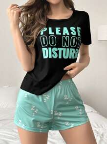 Conjunto De Pijama De Top Con Eslogan De Contraste Y Shorts Con Estampado De Letras - Multicolor - Ver 4