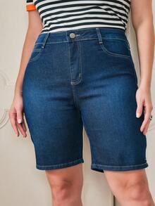 SHE(IN) BRASIL Hơn Viền chia cắt Quần short Denim - Màu xanh lam - Xem 3