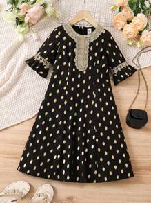 SHEIN Cô Gái Trẻ Vàng In tay áo lá sen Đầm - màu đen - Xem 1