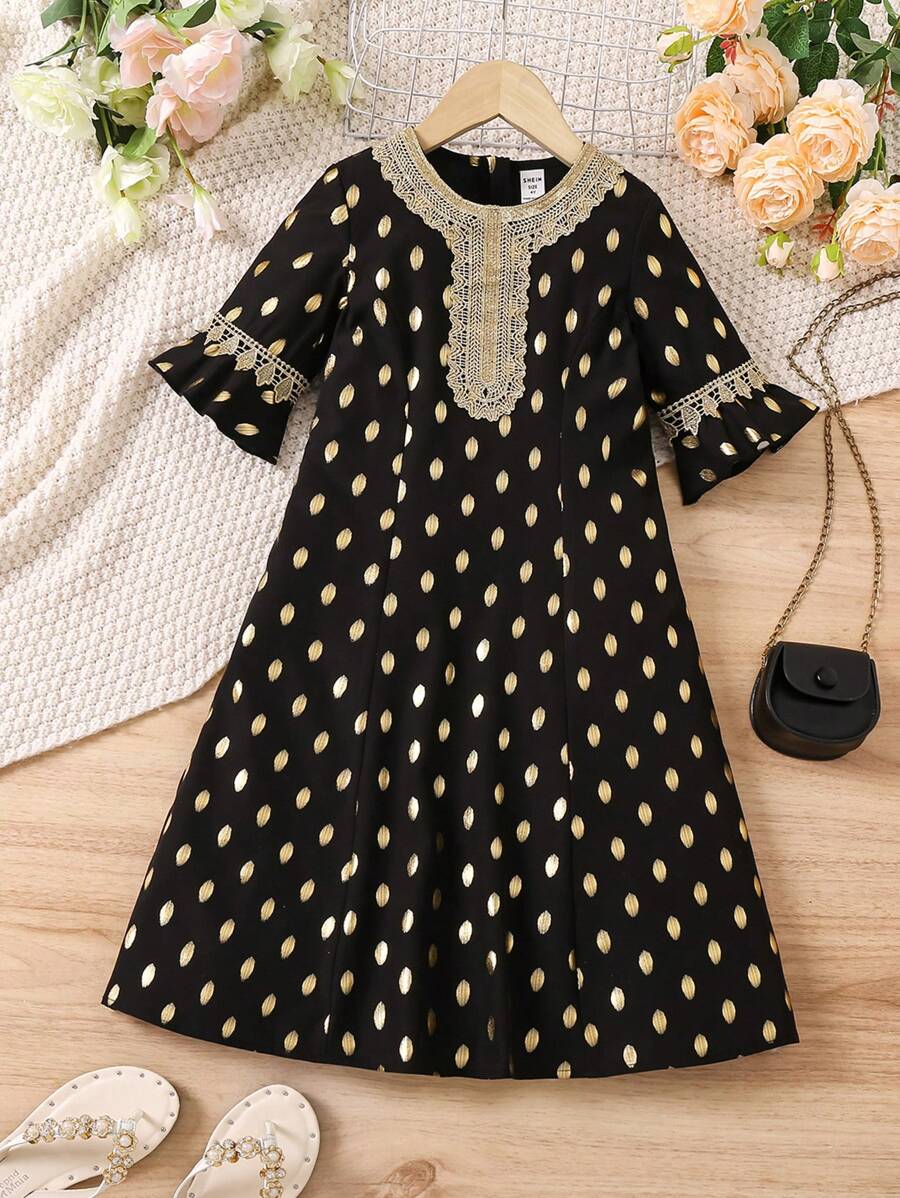 SHEIN Cô Gái Trẻ Vàng In tay áo lá sen Đầm - màu đen - Xem 1