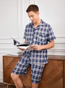 Conjunto De Ropa De Estar Por Casa Para Hombre Con Camisa De Cuadros De Manga Corta Y Pantalón Corto Con Bordes Enrollados