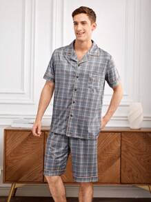 Men's Plaid Short Sleeve Pajama Set - Blue - View 1