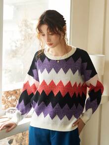 Knit Mix 休闲撞色 V 形针织套衫，图案随机搭配 - 彩色 - 查看 3