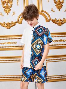 SHEIN Leap Crew Conjunto De Camisa De Manga Corta Con Cuello De Pie Y Shorts Con Patrón De Patchwork Para Niños Preadolescentes - Multicolor - Ver 4