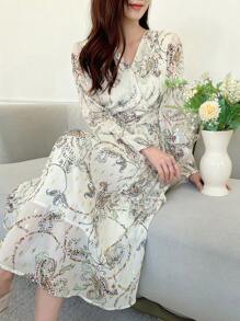 DAZY V-Neck Long Sleeve Printed Dress, Fall Dress Vacation Outfits Women Floral Dress Boho - White - View 6