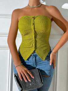 SHEIN Unity 前紐扣不對稱下擺抹胸上衣 - 橄欖綠 - 查看 4