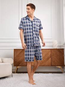 Conjunto De Ropa De Estar Por Casa Para Hombre Con Camisa De Cuadros De Manga Corta Y Pantalón Corto Con Bordes Enrollados
