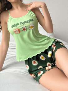 SweetSlumber 卡通酪梨麵包蛋印花吊帶短褲睡衣套裝 - 彩色 - 查看 6