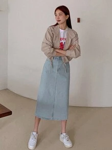 DAZY Women's Solid Color Slit Skirt Jeans Skirt - Light Wash - View 7