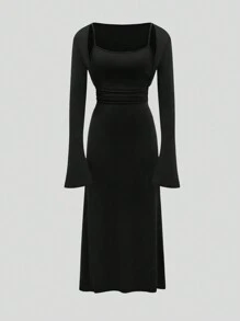 Sweetra 女式纯色喇叭袖耸肩上衣和吊带裙两件套