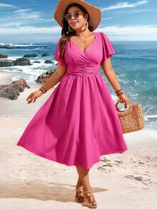 SHEIN Holidaya 加大尺寸紋理聚攏短袖連身裙,有彈力腰部,流蘇袖 - 玫紅色 - 查看 5