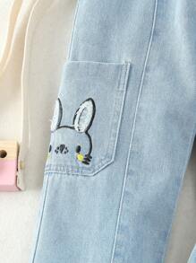 SHEIN Young Girl's Casual And Comfortable Lovely Embroidered Straight Leg Jeans Summer Holiday