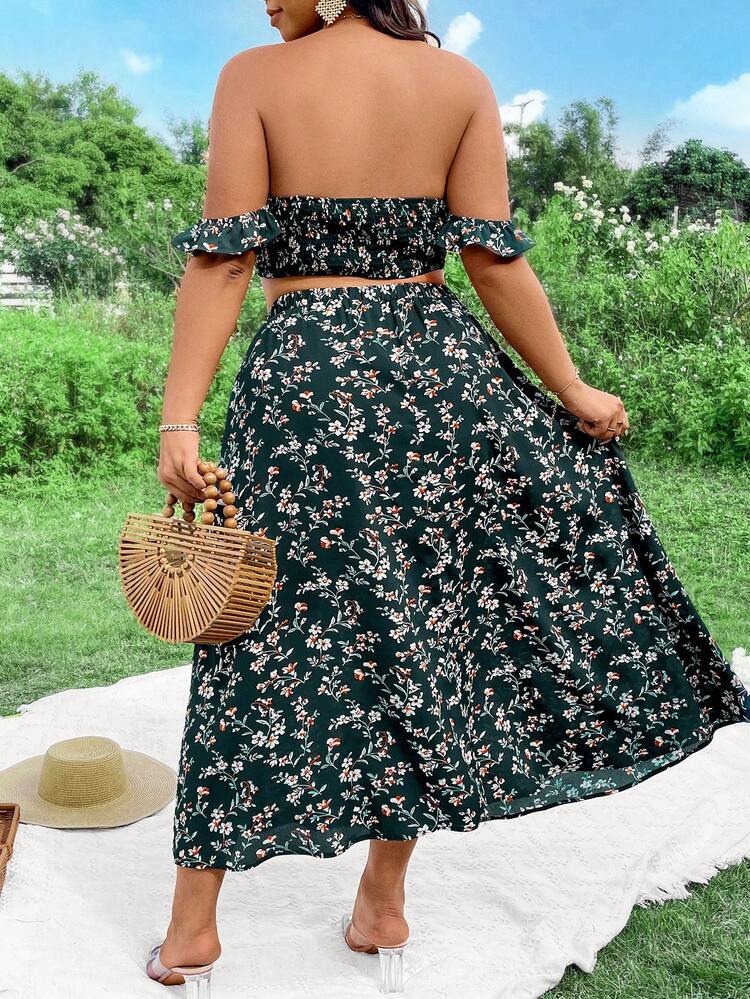 Plus Size Two Piece Set With Ditsy Floral Print