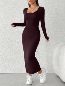 SHEIN PETITE 純色緊身修身長洋裝 - 中紫紅色 - 查看 5