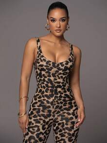 女士豹纹紧身连体衣瑜伽服