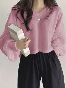 DAZY Women's Solid Color V-Neck Drop Shoulder Long Sleeved T-Shirt,Fall Clothes Preppy Tops Crop Women Tops - Pink - View 3