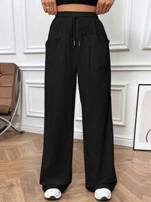 SHEIN EZwear Drawstring Waist Wide Leg Cotton Pants - Black - View 3