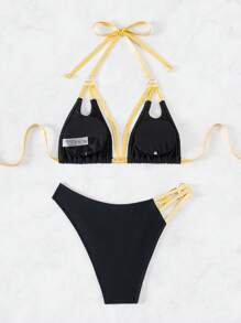 SHEIN Swim Ladies' Contrast Trim Halter Neck Bikini Set - Black - View 7