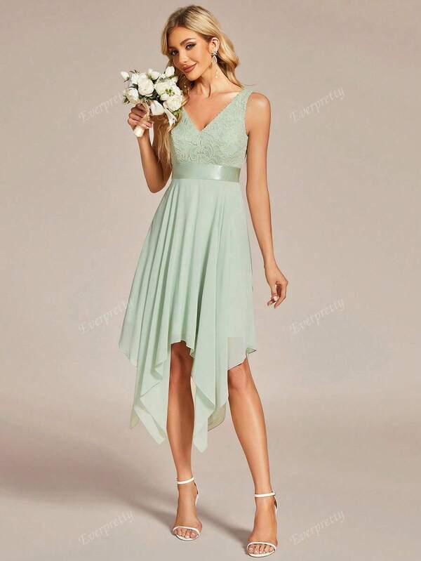 EVERPRETTY Sleeveless Double V-Neck Lace Bodice Hanky Hem Dress Elegant Cocktail Semi Formal Prom Sage Green Wedding Guest Dress For Birthday Graduation Dinner Homecoming Party Dress