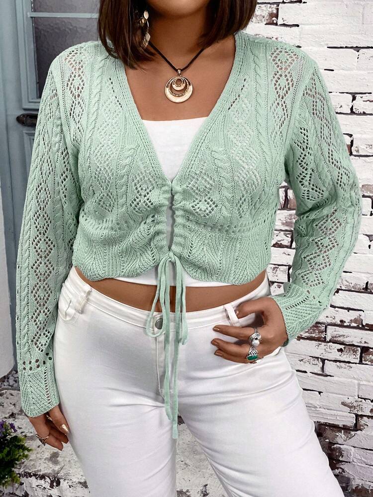 Solid Color Knitted Plus Size Hollow Out Cardigan Fall Cloth For Women