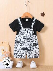 Conjunto Casual Para Bebé Niño Con Camiseta De Color Sólido, Lentes De Sol, Tirantes Con Shorts Con Patrón De Oso Y Cicatriz. Primavera/verano