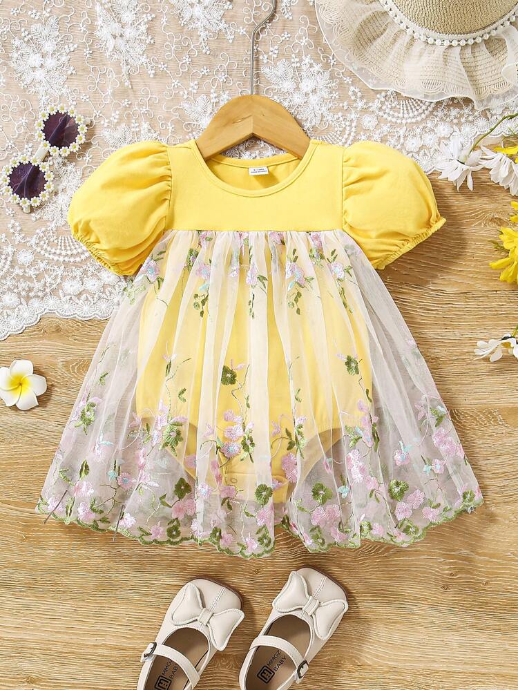 Baby Girl Cute Casual Knit Floral Embroidery Mesh Short Sleeve Bodysuit