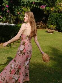 Women's Floral Print High Slit Spaghetti Strap Dress - Pink - View 2