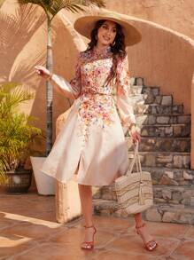 GENKIRA 女士立領花卉印花長袖單排扣連衣裙 - 彩色 - 查看 5