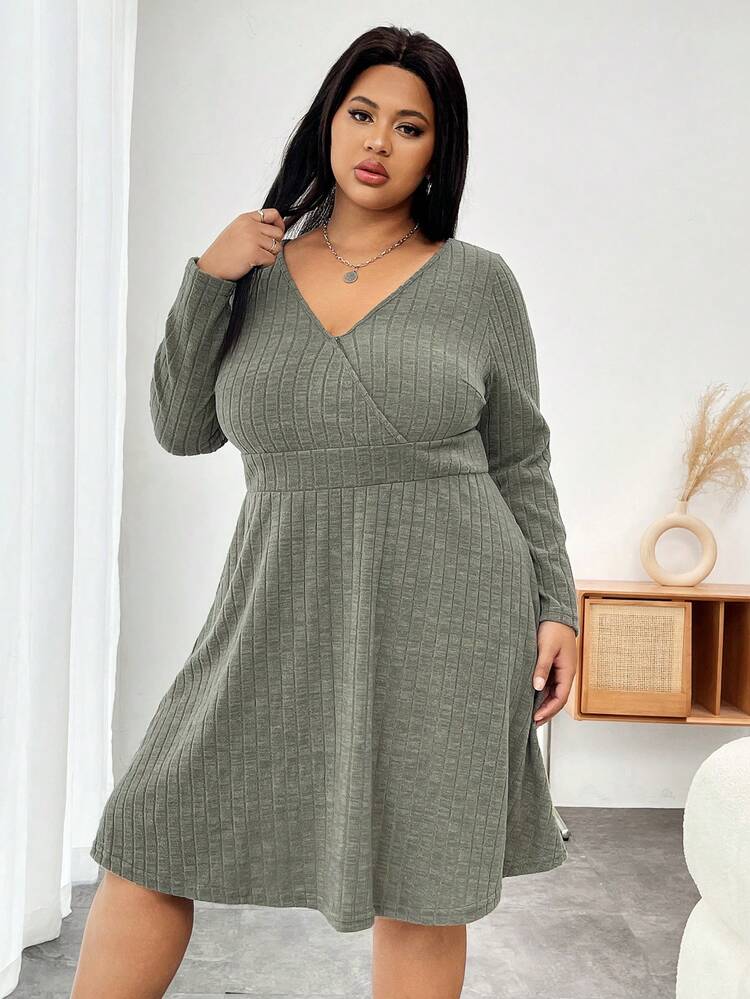 Plus Size Women'S Wrap Neck Ribbed Sweater Dress