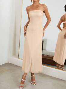 SHEIN Privé 女士褶皱露肩露背弹力网眼连衣裙，适合约会 - 香檳色 - 查看 2