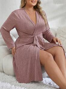 Bata Acanalada De Talla Grande Para Mujer Con Doble Bolsillo Y Cinturón