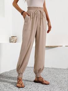 SHEIN LUNE Women's Summer Elastic Waistband With Adjustable Bowknot And Frill Edges, Bamboo Fabric Jogger Pants With Drawstring, Double Pockets, Cuffed Hem - Apricot - View 5
