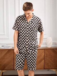 Conjunto De Ropa Para El Hogar De Camisa De Manga Corta Y Pantalones Cortos Con Estampado De Cuadros Y Borde Enrollado Para Hombre - Marrón - Ver 6