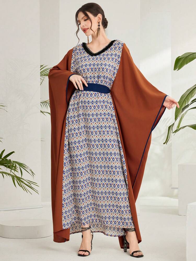 Women's Geometric Printed Kaftan Dress With Batwing Sleeve