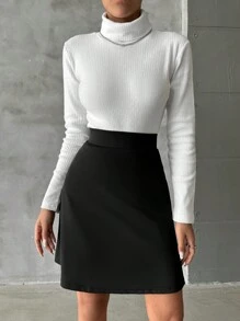 SHEIN PETITE Áo cao cổ Đồ đan Ribbed Áo thun & Váy kèn đồng - màu đen - Xem 5