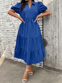 SHEIN Holidaya Plus Size V-Neck Puff Sleeve Hem Dress - Blue - View 5