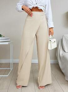 EURMUSE Women's Wrapped Design Straight Long Pants - Beige - View 1
