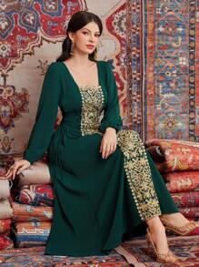 Al Najma 女士燈籠袖阿拉伯風刺繡金色連衣裙 - 墨綠色 - 查看 8