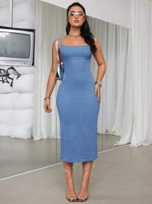 SHEIN ICON Ladies' Sexy Denim Spaghetti Strap Backless Dress With Stretch, Blue - Light Wash - View 1
