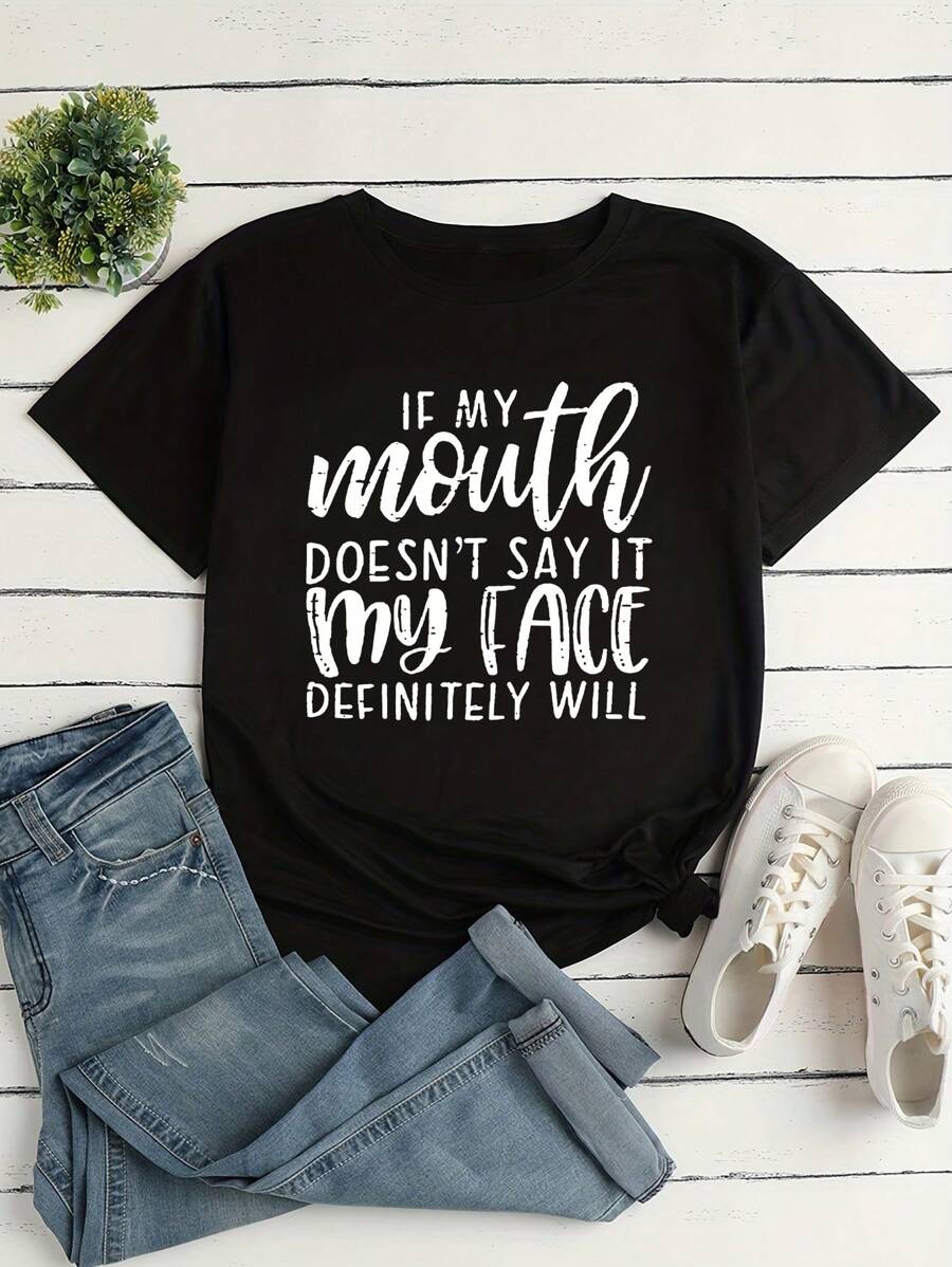 SHEIN LUNE Kích thước lớn Đúng mốt In Ngắn tay Áo thun - màu đen - Xem 1