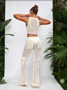ALEXANDRIA Conjunto de suéter de punto calado de unicolor, diseñador, para festival - Amarillo - Ver 2