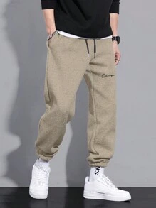 EURMUSE Men's Letter Print Drawstring Waist Jogger Pants - Beige - View 3