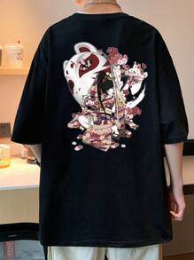 男士印花落肩T恤 - 黑色 - 查看 3