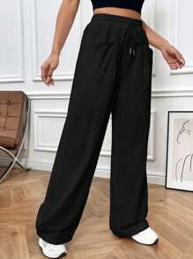 SHEIN EZwear Drawstring Waist Wide Leg Cotton Pants - Black - View 1