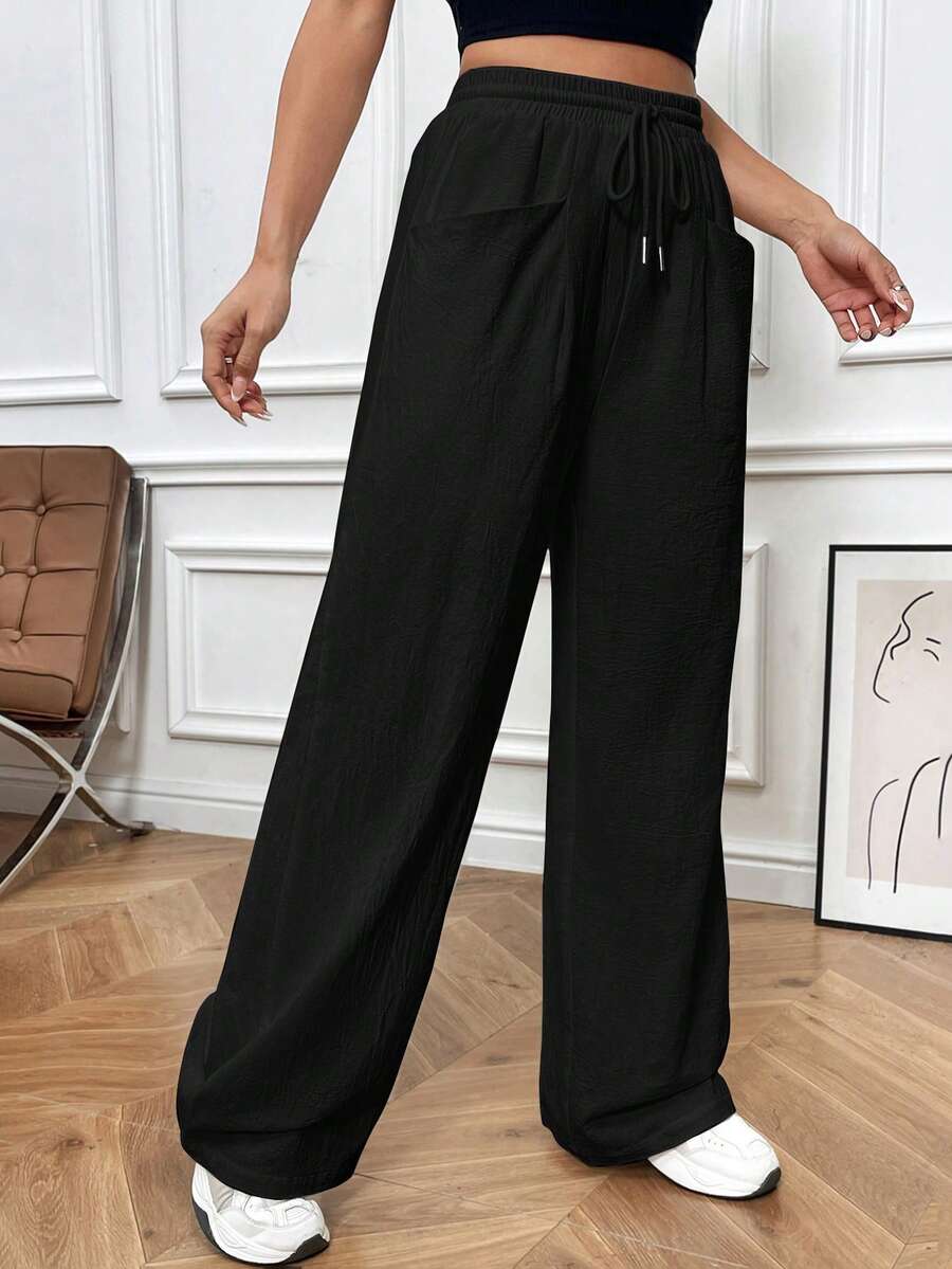 SHEIN EZwear Drawstring Waist Wide Leg Cotton Pants - Black - View 1